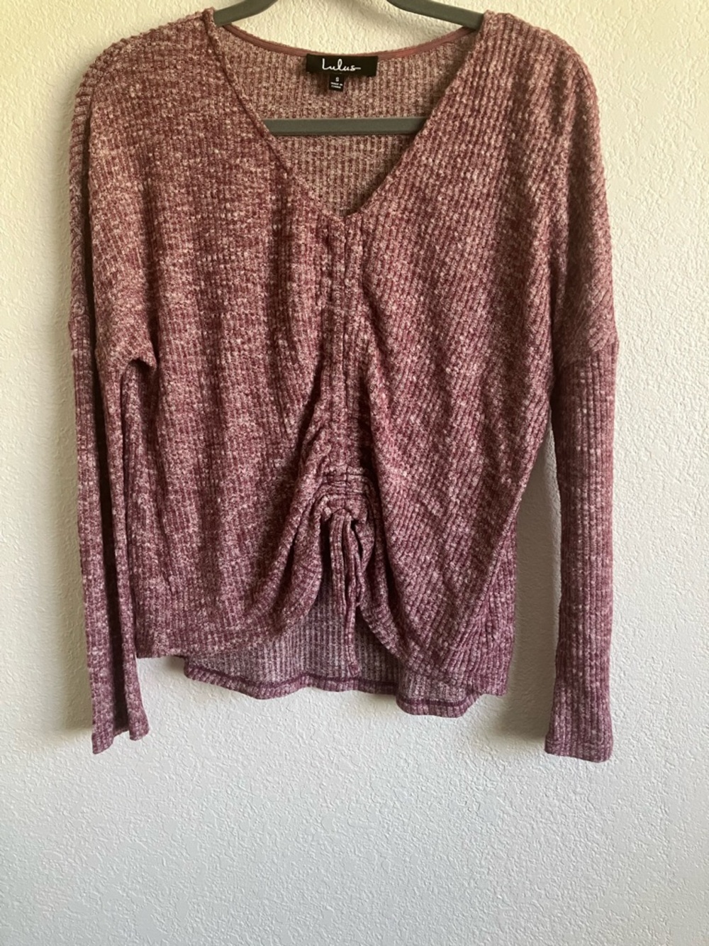 Lulu's Mauve Ribbed Drawstring V-Neck Long Sleeve Top